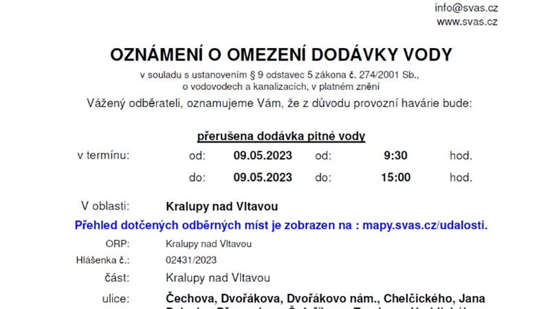 Informace o havárii vody 9. 5. 2023