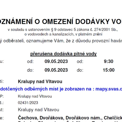 Informace o havárii vody 9. 5. 2023